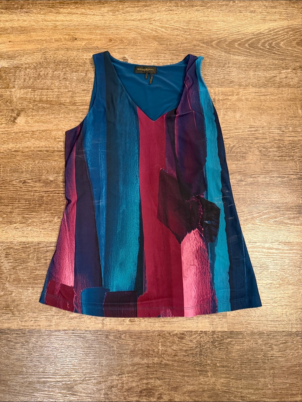 Donna Karan Multicolor Vertical Brushstroke V-Neck Camisole - Teal & Burgundy